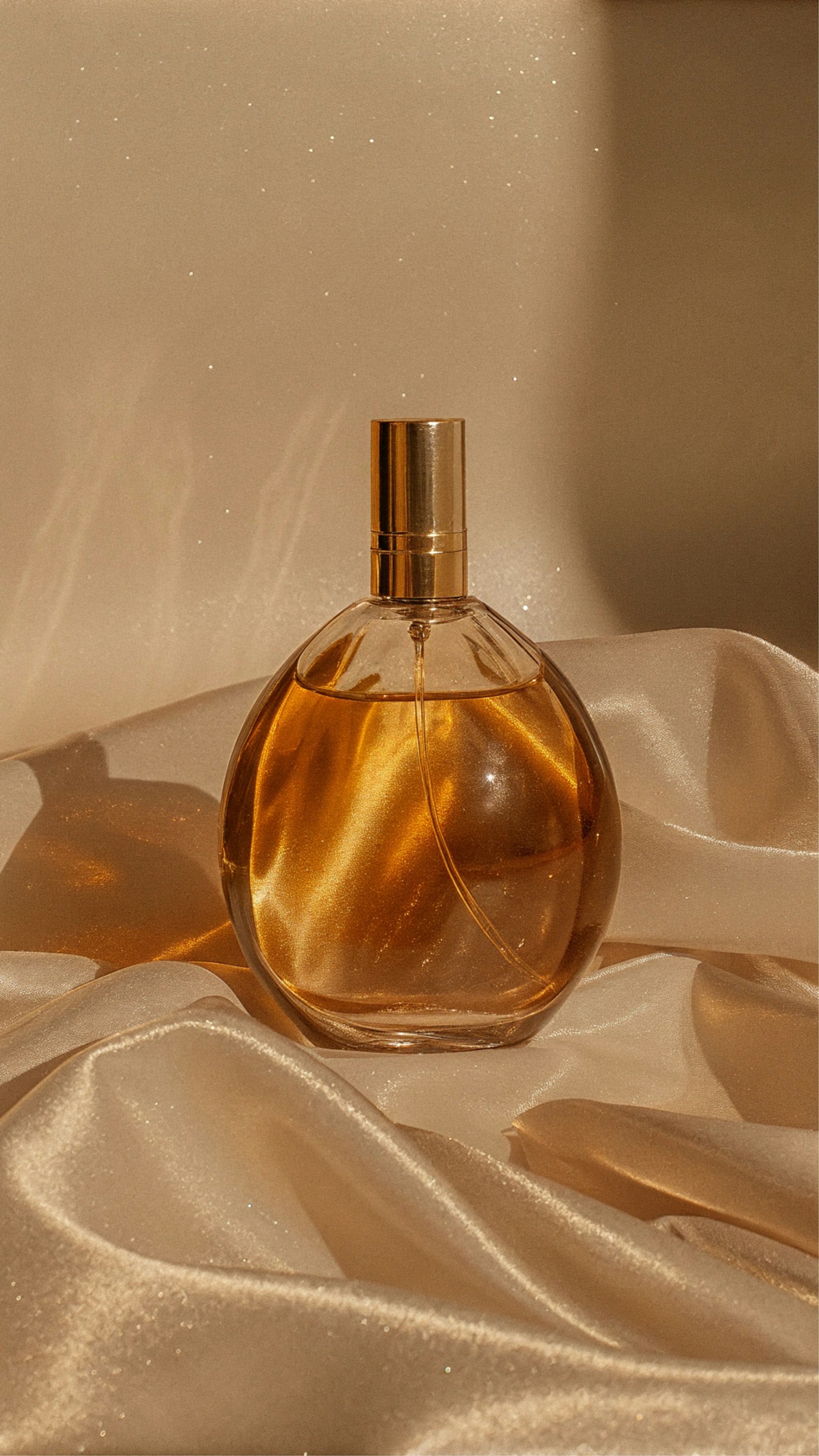 Frasco de perfume ámbar sobre una tela dorada